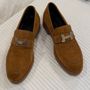 Hermes Tan Suede Loafers with Silver Detail